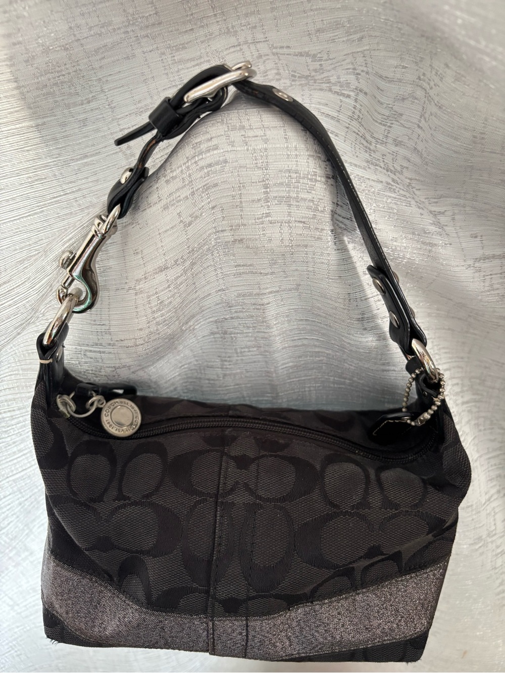 Coach Black Signature Jacquard Shoulder Bag with Metallic Trim